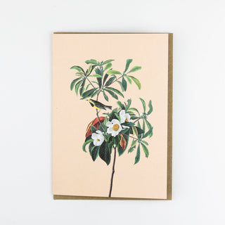 Klappkarte mit Bouquet aus Zweigen mit Blüte und kleinem Vogel als Frühlingsboten
