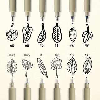 Sakura Pigma Micron - Übersichtstafel der verschiedenen Strichstärken in Schwarz