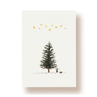 Postkarte mit Aquarellmotiv Tannenbaum und Kind mit Sternenhimmel