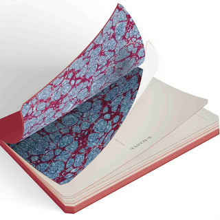 blau-rot marmoriertes Vorsatzpapier passend zum Cover