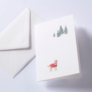 Hund mit rotem Nikolausmantel in Winterlandschaft