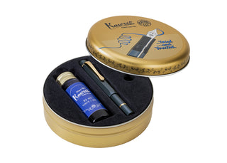 Starter Box mit Füllhalter und Titenglas in runder Blechdose