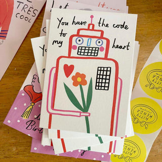 Karte mit buntem Roboter der sagt: You Have the Code to My Heart.