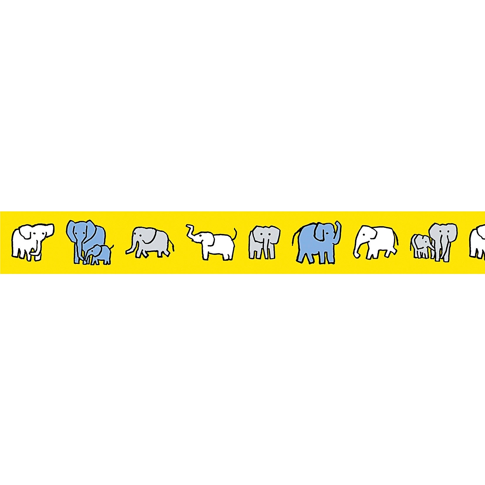 eine Parade aus kleinen und großen Elefanten in Strichzeichnung auf gelbem Klebeband aus Reispapier