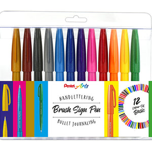 Pentel 12er Set Brush Sign Pen Handlettering Stift Faserschreiber mit Pinselspitze für Kalligrafie Skizzen auf Wasserbasis