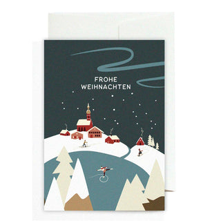 Karten mit Winterlandschaft und Schlittschuhläuferin mit Schriftzug Frohe Weinachten