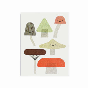 Laechelnde Pilze, stilisiert, in verschiedenen Farben, als Risografie-Druck Scout Editions Klappkarte Karte Grußkarte FSC-Papier Sojatinte nachhaltig Pilze Pilz