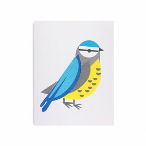 Vogel in Risographie-Druck blau, grau gelb