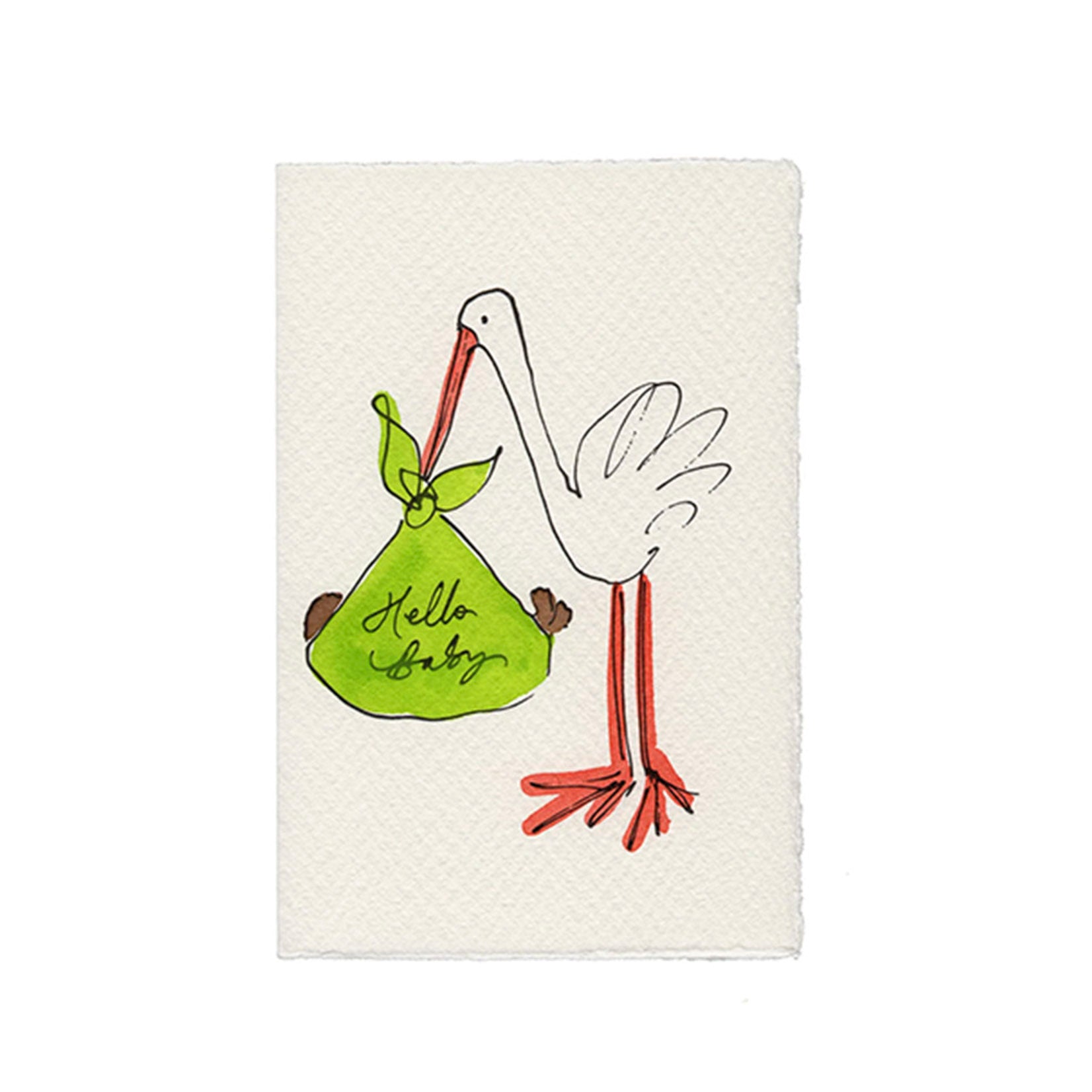 Storch mit Baby im Tragetuch als schwarze Strichzeichnung, handkoloriert mit Aquarellfarben, gedruckt auf Büttenpapier