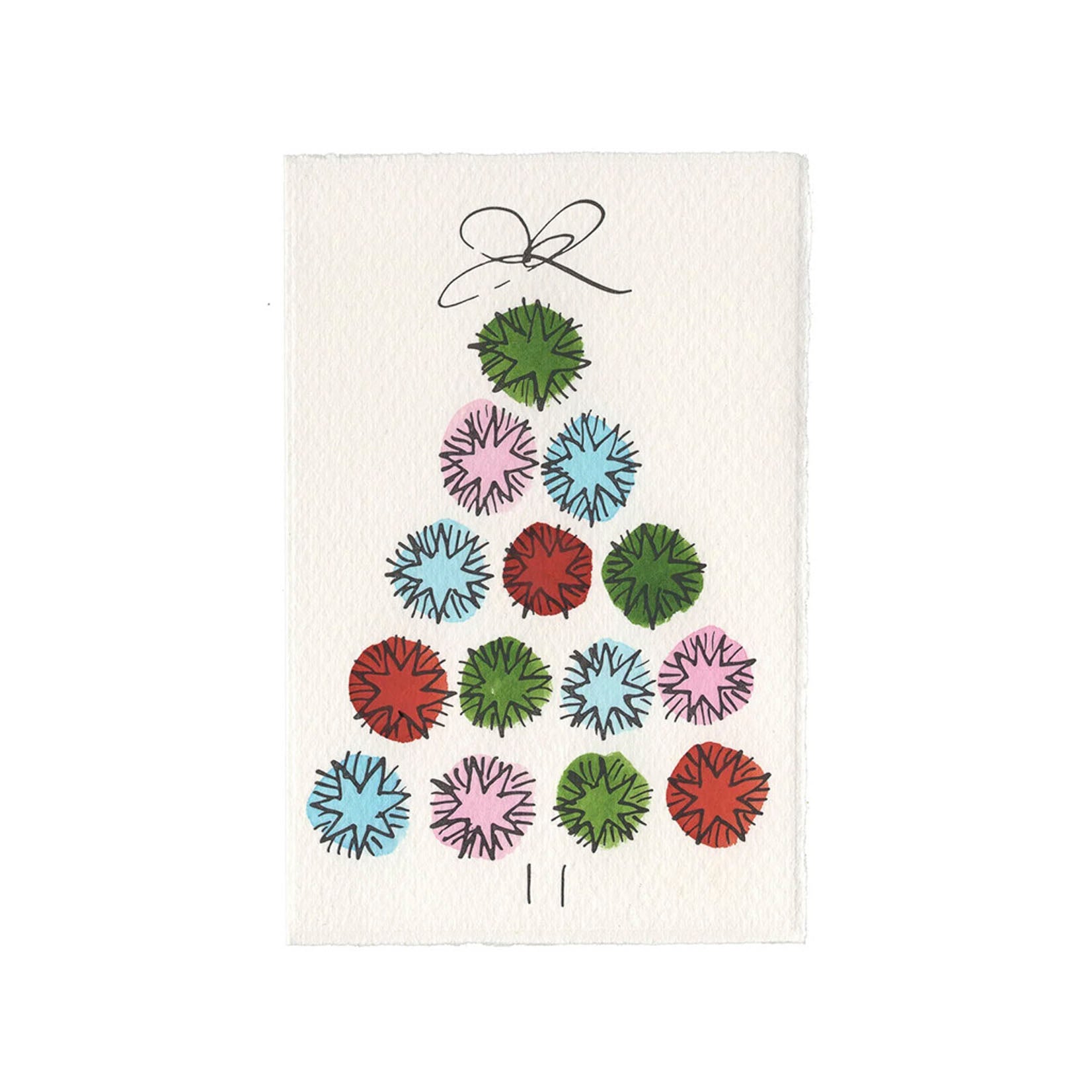 Weihnachtsbaum aus Sternen in Kreisen als schwarze Strichzeichnung, handkoloriert mit Aquarellfarben, gedruckt auf Büttenpapier