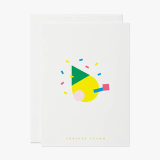 Einfache bunte Formen bilden eine Figur, der Schriftzug Forever Young ist mit Goldfolie aufgebracht.