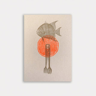 Togethery Postkarte Fisch mit Gabel Risographie Druck mit Neon Fluo Farben