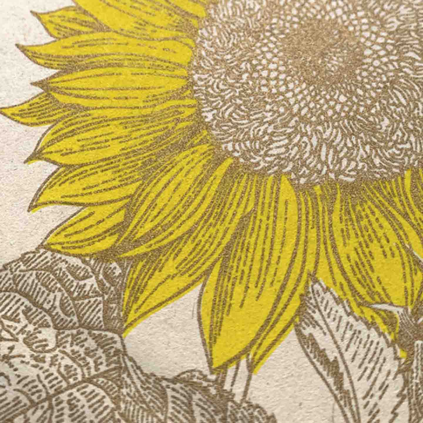Detailansicht Sonnenblume in Gelb und Gold mit erkennbarer PapierkörnungTogethery Karte Postkarte Risographie Riso Druck Sonnenblume Blume