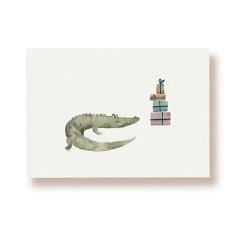 In Aquarelltechnik gemaltes Krokodil mit Geschenken