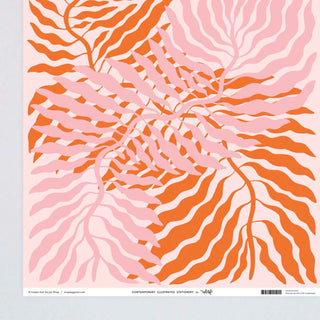Geschenkpapier mit stilisierten Farnblaettern in Orange und Rosa