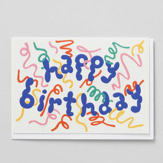 Grusskarte aus London mit bunten Luftschlangen und Schrift Happy Birthday
