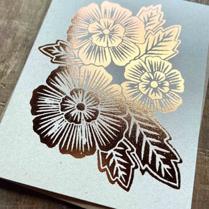 Katharine Watson Linoleumblockdruck Karte Grusskarte Foil foliert Blumen Linolschnitt